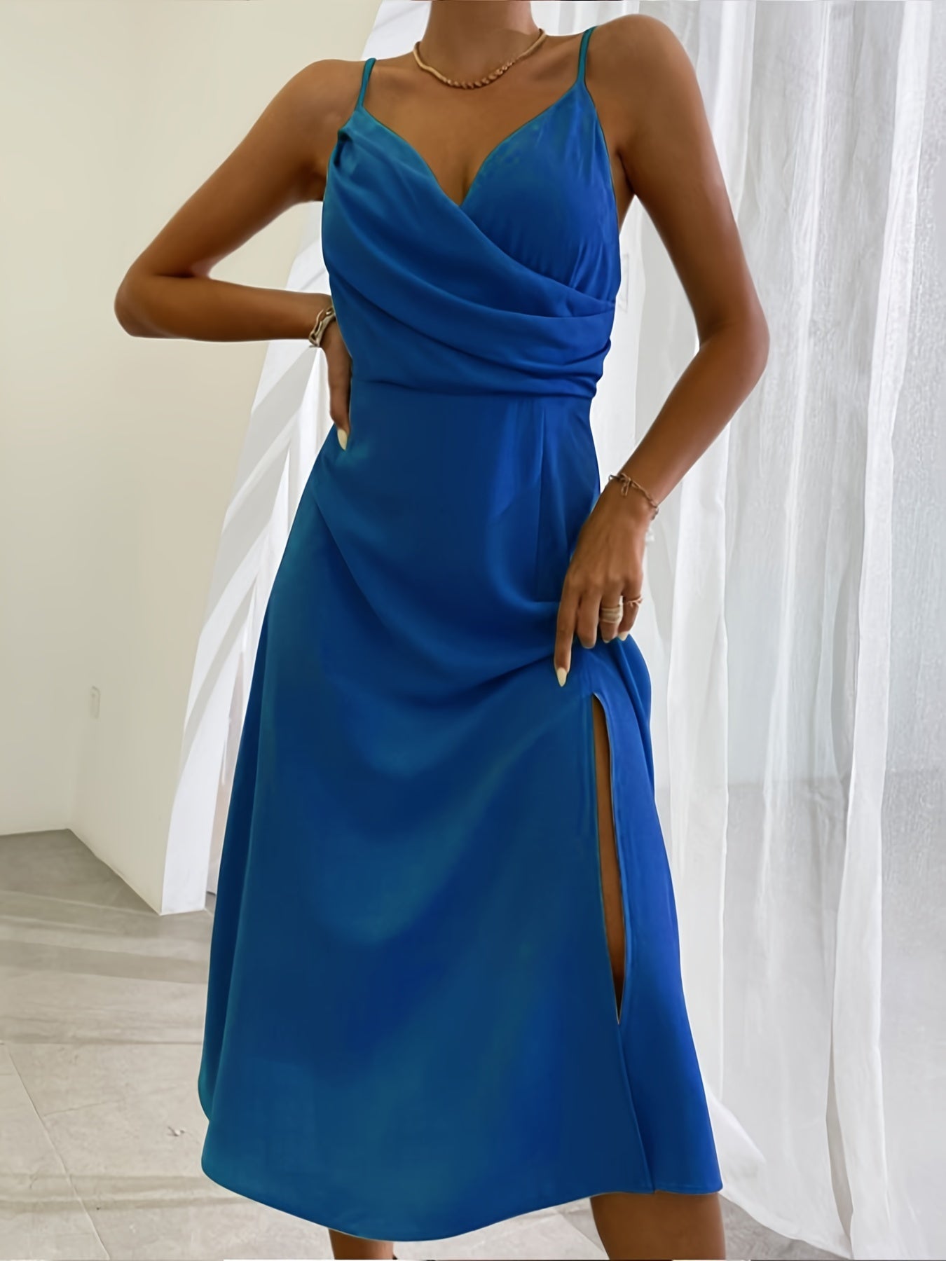 V-Neck Slit Sling Dress shown front-on on model — Fifi London Summer collection