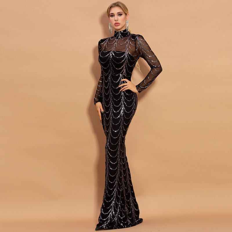Women’s Long Sleeve Sequin Party Dress shown front-on on model — Fifi London Winter collection