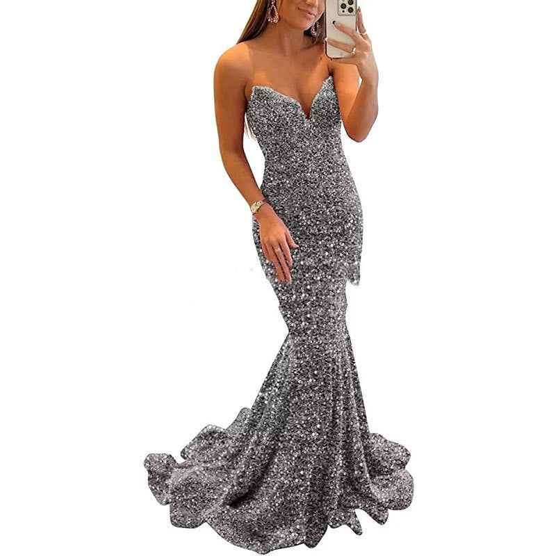 Sequin Evening Dress For Women shown front-on on model — all-over sequin, sweetheart neckline, mermaid fishtail silhouette, floor-length — Fifi London formal collection