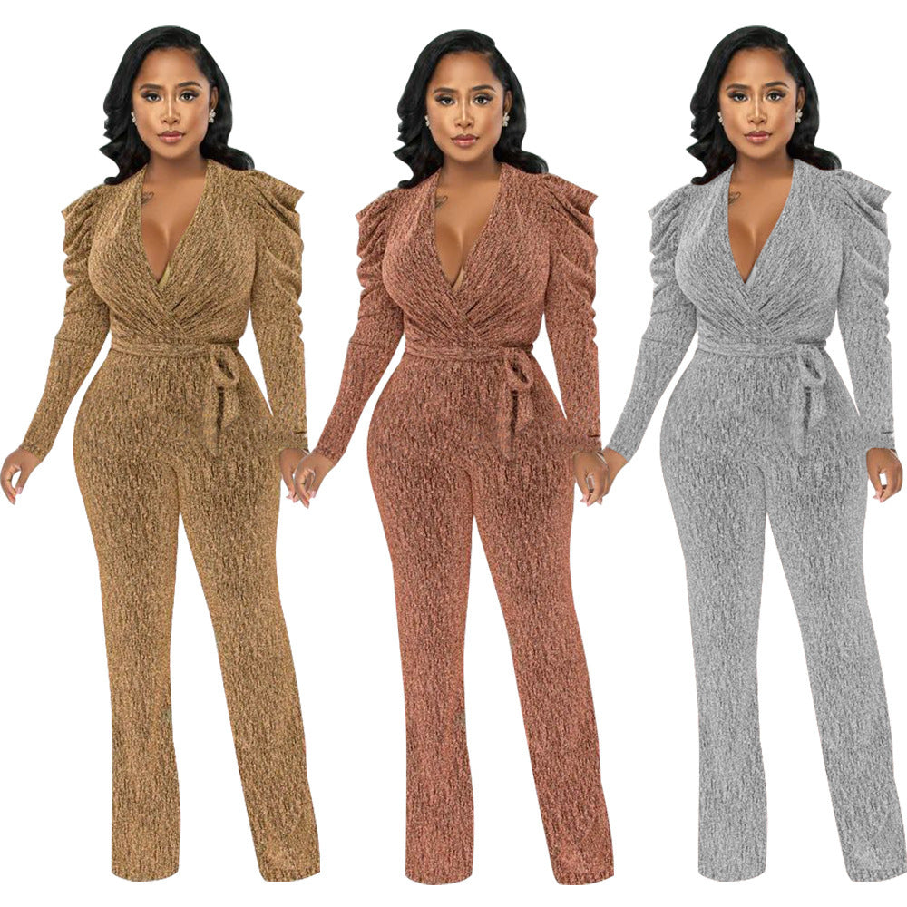 Sexy Waist Trimming V-Neck Puff Sleeve Glossy Knitted Jumpsuit shown front-on on model — Fifi London Autumn collection