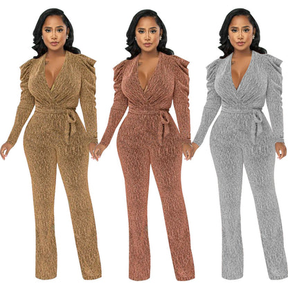 Sexy Waist Trimming V-Neck Puff Sleeve Glossy Knitted Jumpsuit shown front-on on model — Fifi London Autumn collection