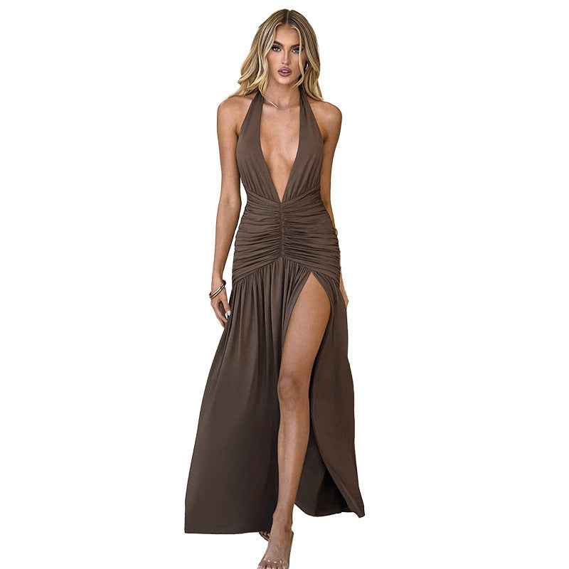Socialite Style Hot Girl V-Neck Halter Sexy Slit Pleated Dress shown front-on on model — Fifi London Summer collection
