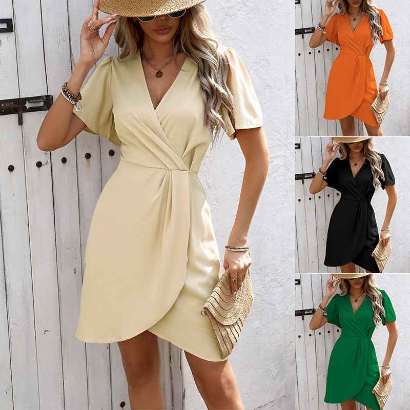Summer V-neck Short-sleeved Dress Ins Fashion Tight-Waisted Beach Dresses Women's Clothing