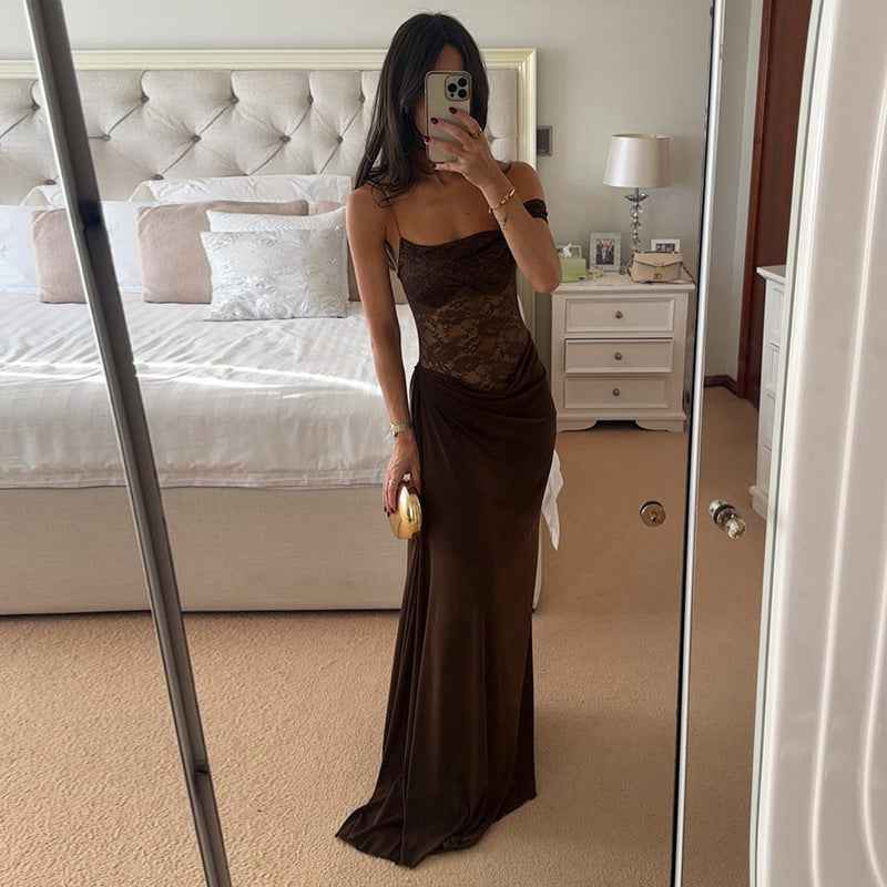 Sheer Lace Elegant Maxi Dress Women Sleeveless Backless Chic Evening Dress Off Shoulder Fashion Midi Dresses Slim Summer Dresses
