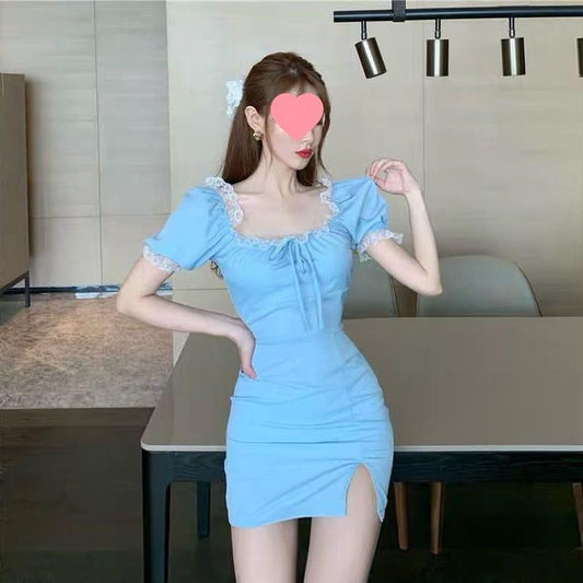 French Minority Blue Dress Women shown front-on on model — Fifi London Summer collection