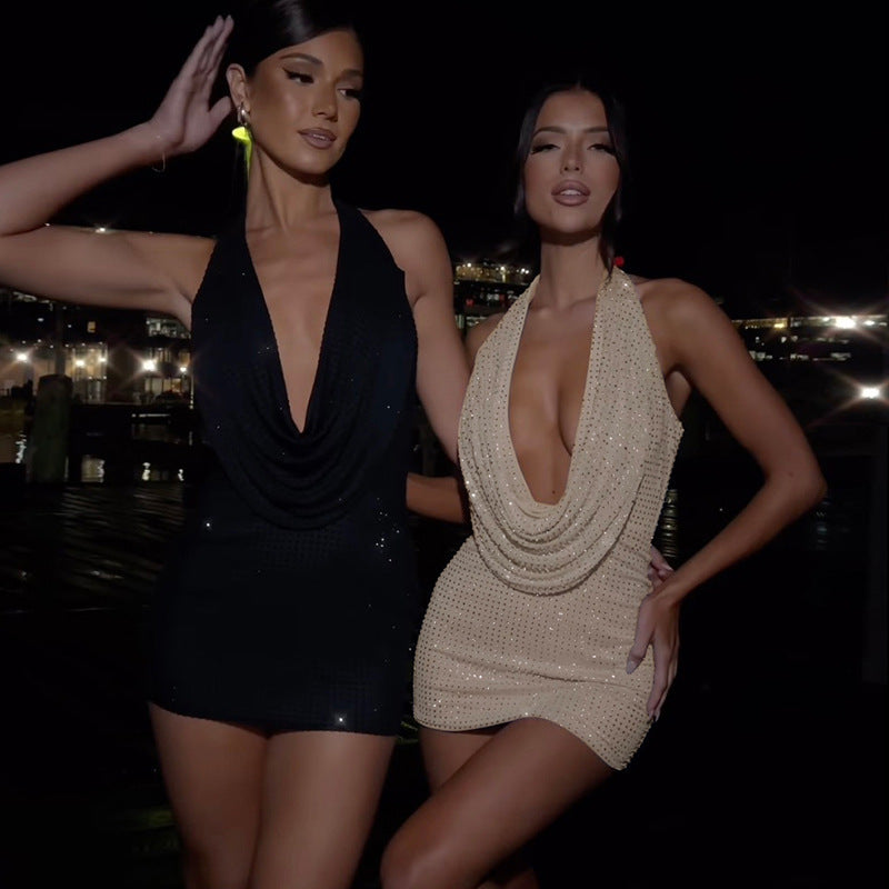 Sexy Halter Low Cut Backless Slim Fit Sheath Dress shown front-on on model — Fifi London Summer collection