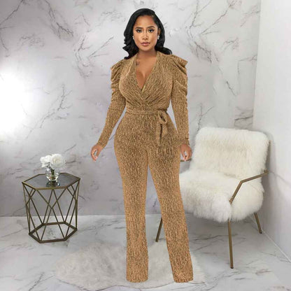 Sexy Waist Trimming V-Neck Puff Sleeve Glossy Knitted Jumpsuit shown front-on on model — Fifi London Autumn collection