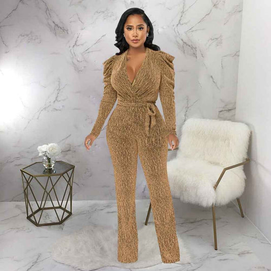 Sexy Waist Trimming V-Neck Puff Sleeve Glossy Knitted Jumpsuit shown front-on on model — Fifi London Autumn collection