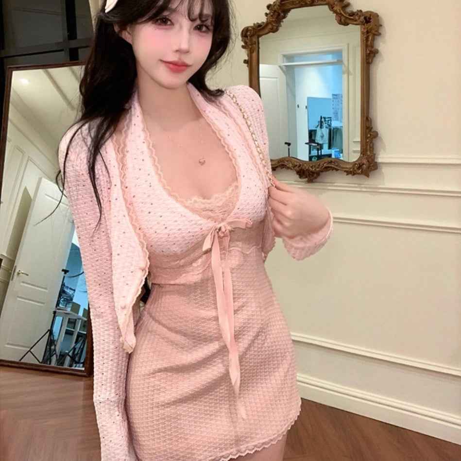 Women’s Slim Fit Slimming Dress Cardigan shown front-on on model — Fifi London Autumn collection