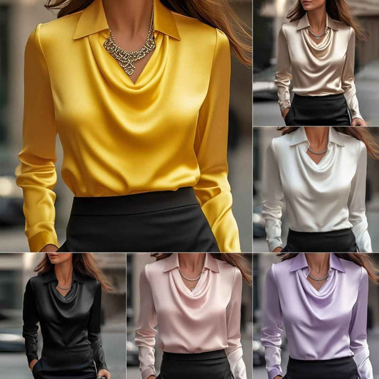 Women’s Swing Collar Draped Shirts Blouses Elegant Solid shown front-on on model — Fifi London Spring collection