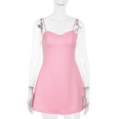 Women's pink sleeveless mini dress with slim straps shown flat lay — Fifi London Summer collection