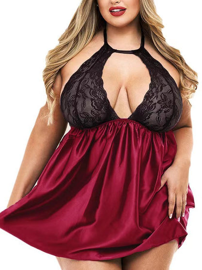 Plump Lingerie Sexy Lace Nightgown Sheer Cutout Home Pajamas shown front-on on model — Fifi London Spring collection