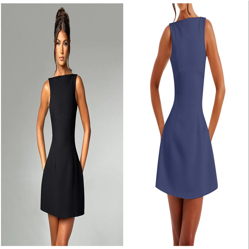 Sexy Slim Fitting Backless Dress Summer Sleeveless Short Dresses shown front-on on model — Fifi London Summer collection