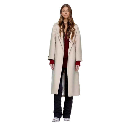 Padded Lapel Super Long Slim Jacket shown front-on on model — Fifi London Autumn collection