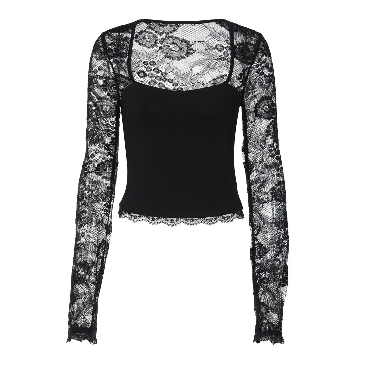 Sexy Lace Cutout Stitching Long Sleeve shown front-on on model — Fifi London Autumn collection