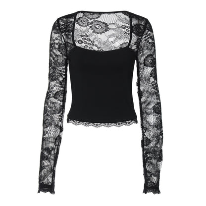 Sexy Lace Cutout Stitching Long Sleeve shown front-on on model — Fifi London Autumn collection