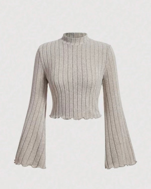 Printed Sexy Lace Thick Long-Sleeved T-Shirt Knitted Sweater shown front-on on model — Fifi London Autumn collection