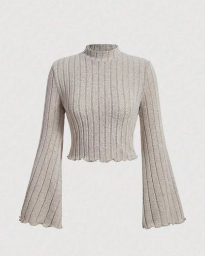 Printed Sexy Lace Thick Long-Sleeved T-Shirt Knitted Sweater shown front-on on model — Fifi London Autumn collection