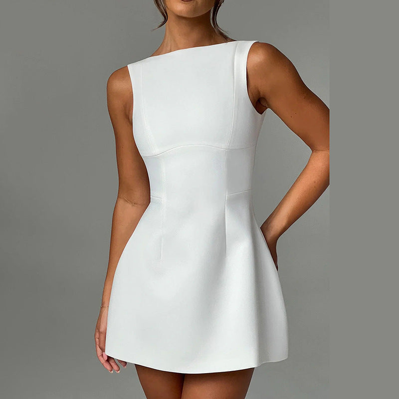 Sexy Slim Fitting Backless Dress Summer Sleeveless Short Dresses shown front-on on model — Fifi London Summer collection