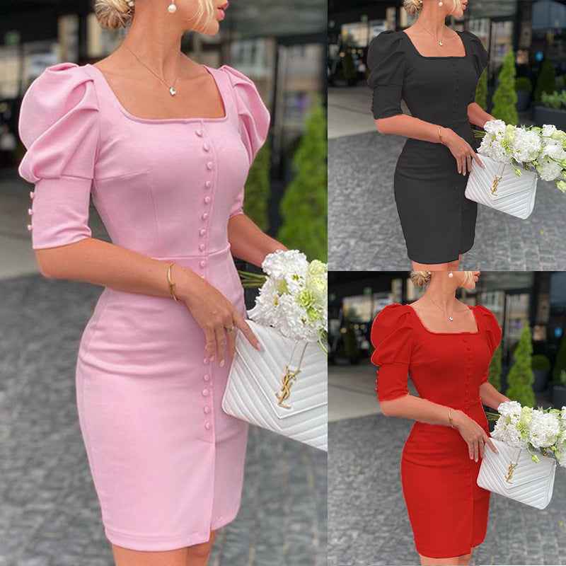 Elegant bubble sleeve midi dress 
