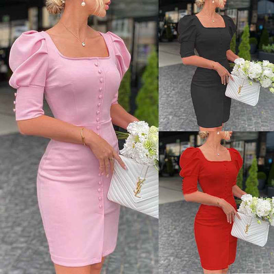 Elegant bubble sleeve midi dress 