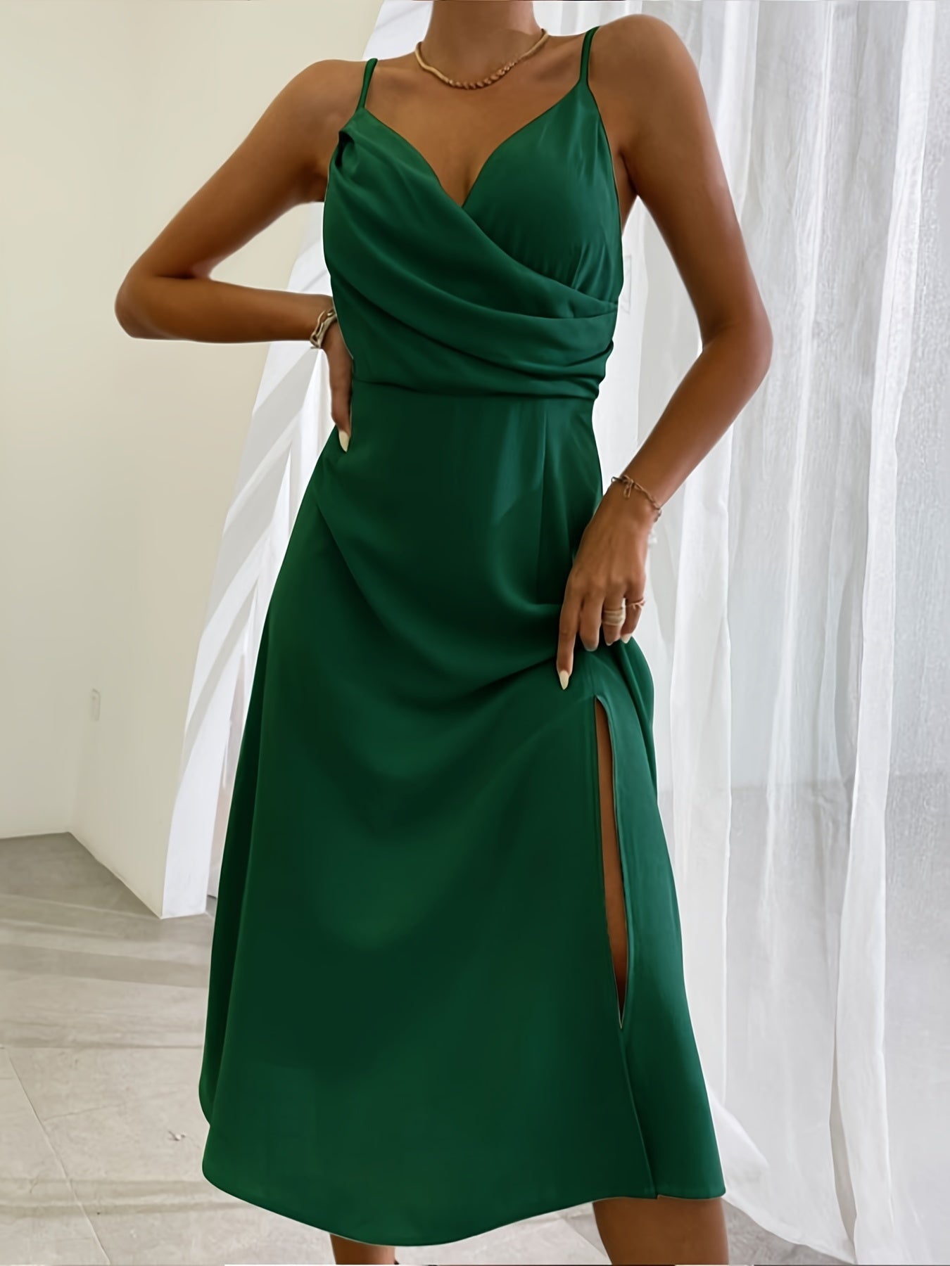V-Neck Slit Sling Dress shown front-on on model — Fifi London Summer collection