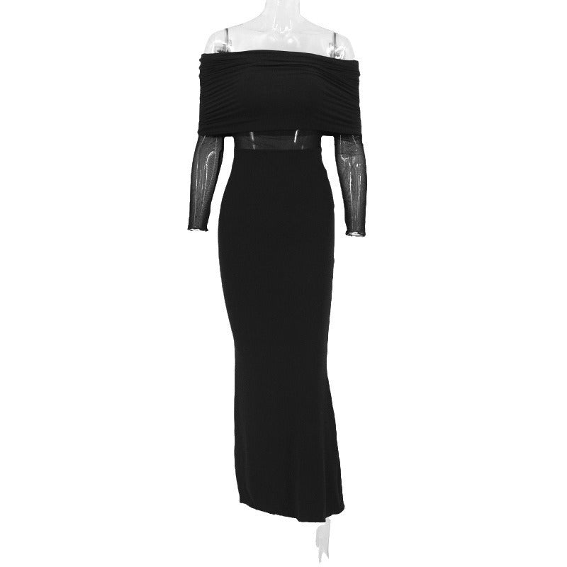 Women’s Winter Sexy Off-the-Shoulder Pleated Long Sleeve Polyester Dress shown front-on on model — Fifi London Winter collection