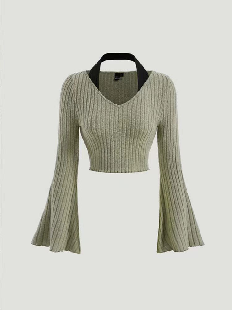 Printed Sexy Lace Thick Long-Sleeved T-Shirt Knitted Sweater shown front-on on model — Fifi London Autumn collection