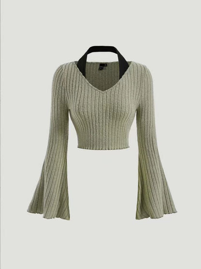 Printed Sexy Lace Thick Long-Sleeved T-Shirt Knitted Sweater shown front-on on model — Fifi London Autumn collection