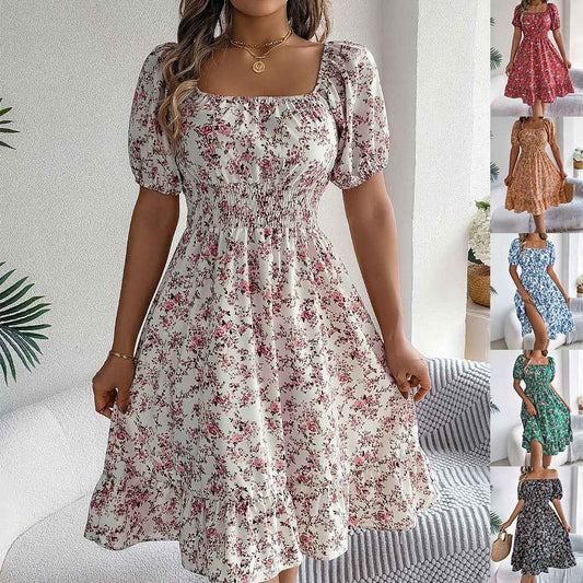 Floral Print Square Ruffles Dress