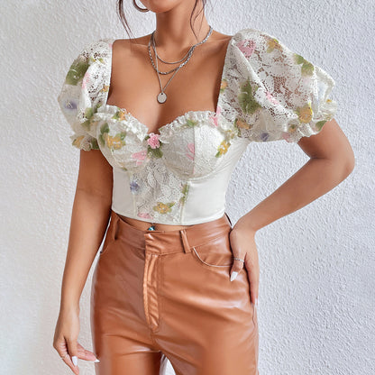 Sexy Street Backless Hot Girl Puff Sleeve T-Shirt shown front-on on model — Fifi London Summer collection