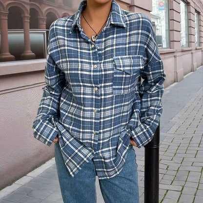 Classic Check Thin Shirt Coat Women’s Loose Casual shown front-on on model — Fifi London Autumn collection 