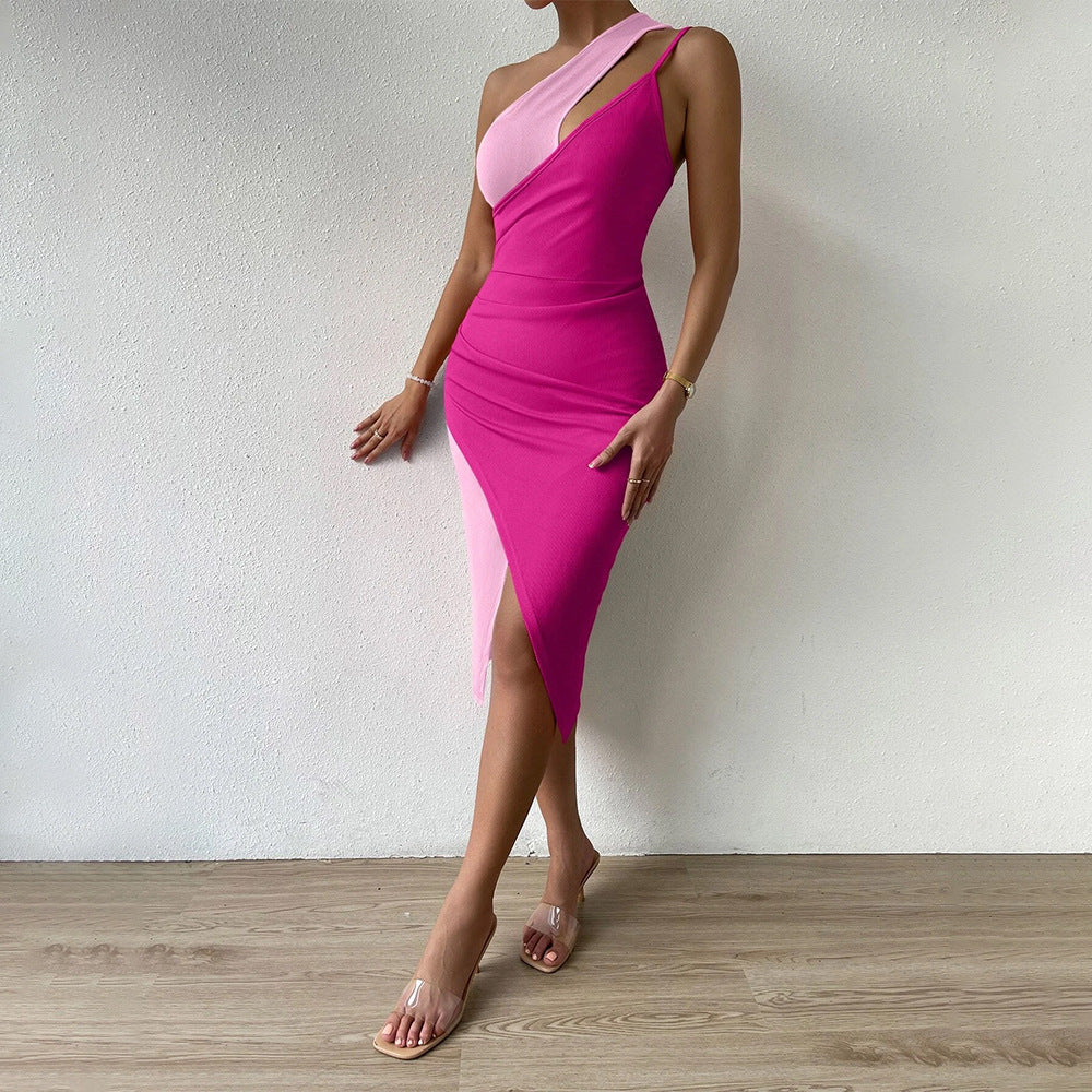 Cross-Border Sexy Style Diagonal Collar Dress Hollow High Waist shown front-on on model — Fifi London Summer collection