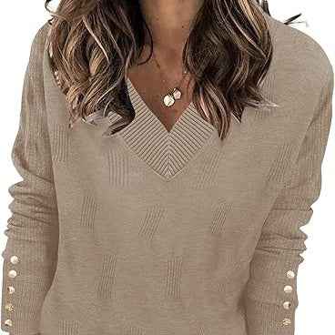 Women’s Casual Knitted V-Neck Sweater shown front-on on model — Fifi London Autumn collection