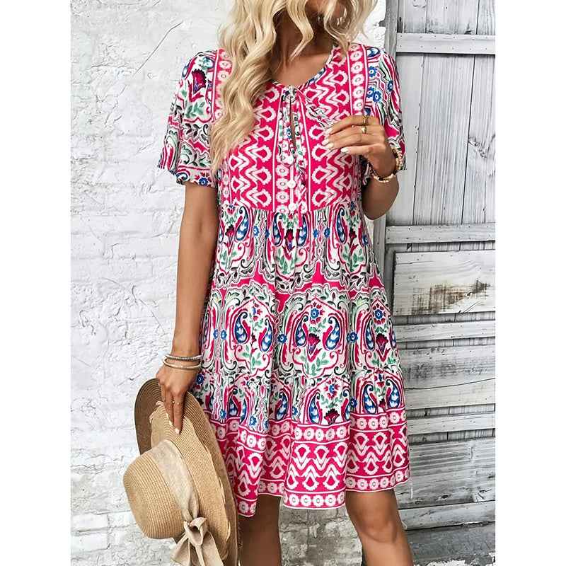 Women Casual Summer Dress Boho Drawstring V Neck Short Sleeve Floral Print Flowy Beach Dress