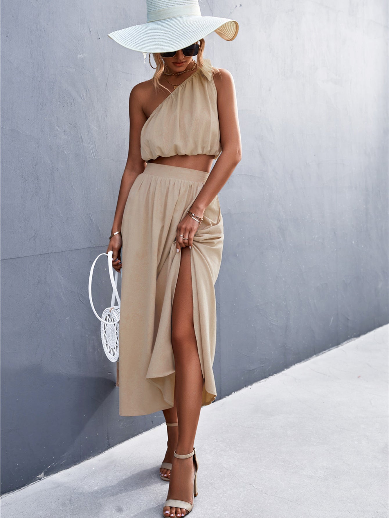 Sexy Oblique Shoulder Lace-Up Vest Slit Midi Skirt Suit shown front-on on model — Fifi London Summer collection
