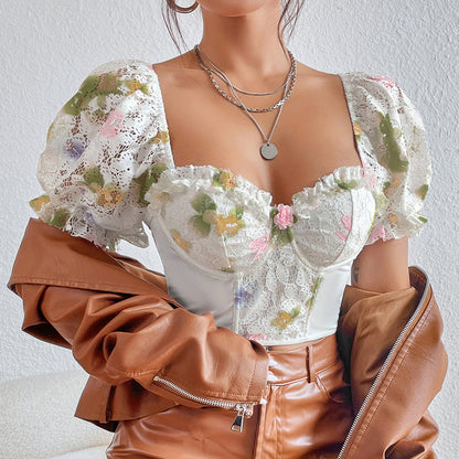 Sexy Street Backless Hot Girl Puff Sleeve T-Shirt shown front-on on model — Fifi London Summer collection
