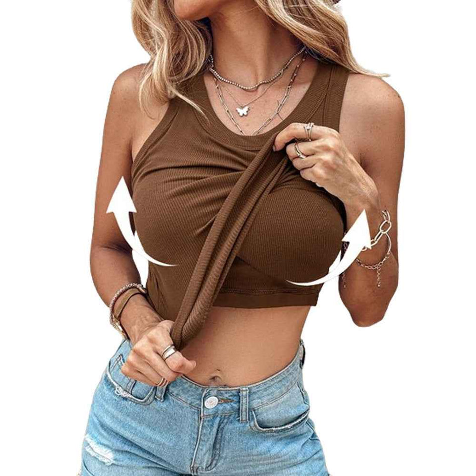 Round Neck Vest With Bra Summer Solid Color Bottom Sleeveless Top Womens Clothing - FIFI LONDON