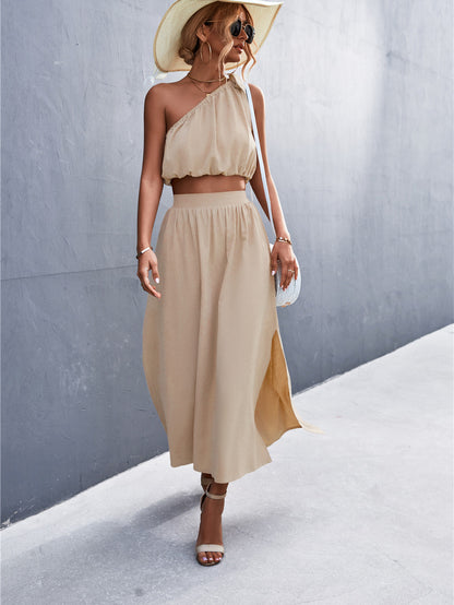 Sexy Oblique Shoulder Lace-Up Vest Slit Midi Skirt Suit shown front-on on model — Fifi London Summer collection