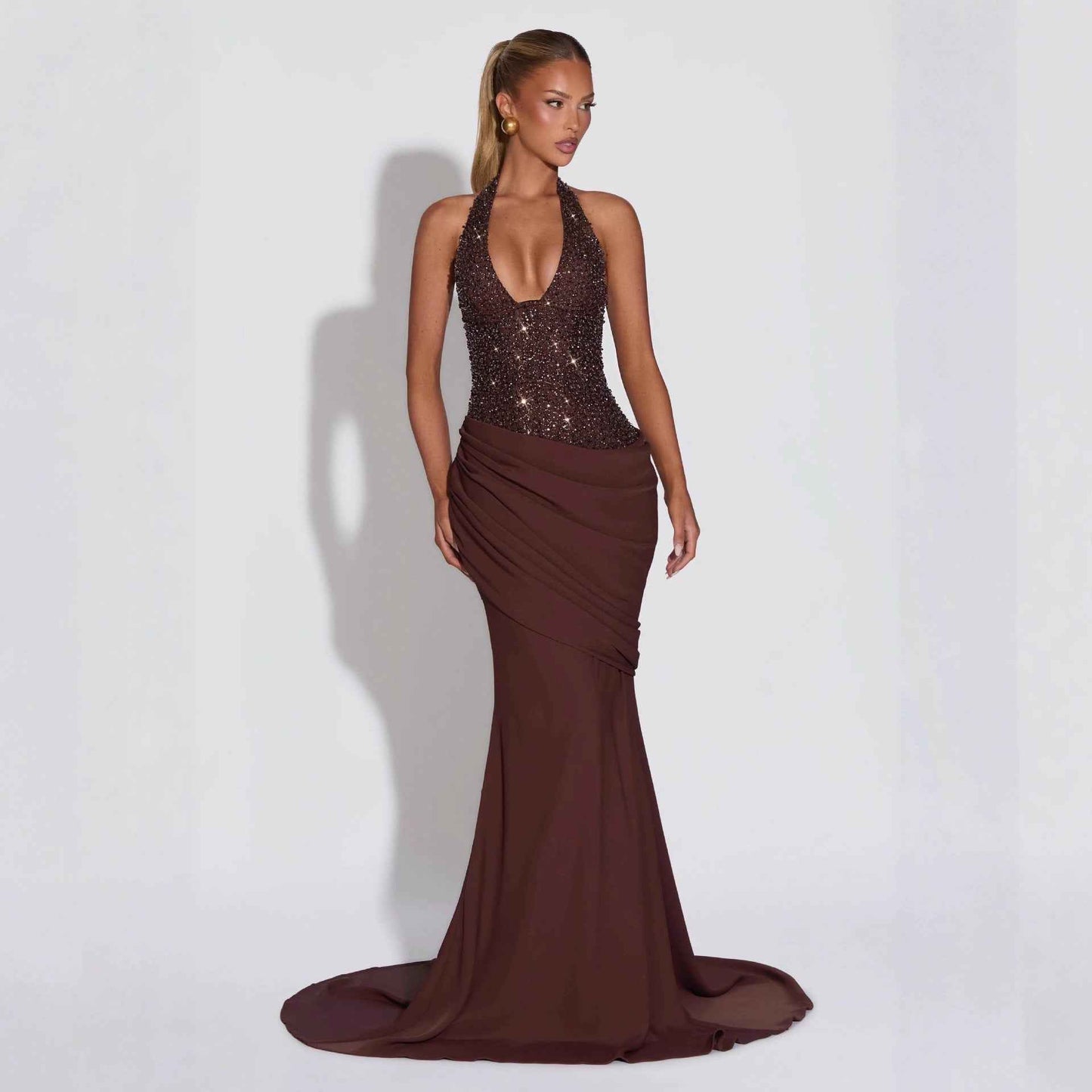 Body-con Sparkle Irregular Draped Evening Dress Women's Long Gown