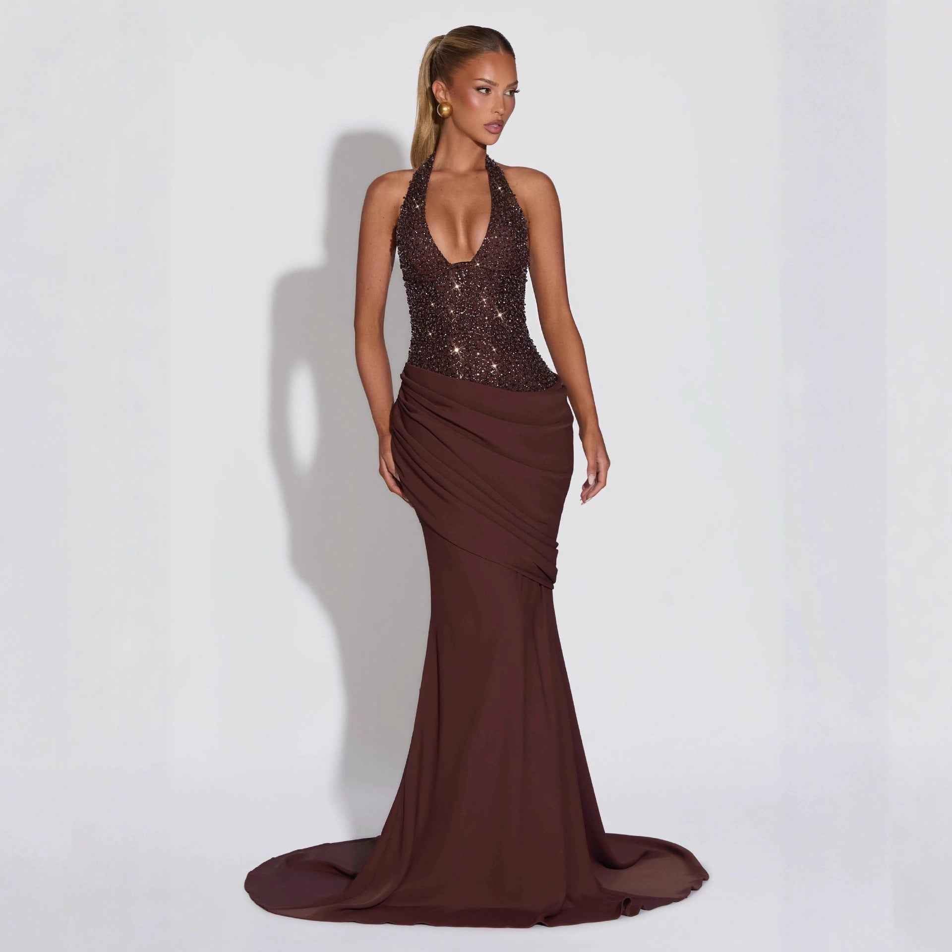Body-con Sparkle Irregular Draped Evening Dress Women's Long Gown