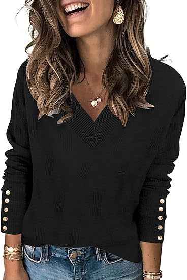 Women’s Casual Knitted V-Neck Sweater shown front-on on model — Fifi London Autumn collection