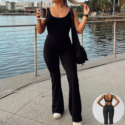 Slim Fit Hip Raise Jumpsuit shown front-on on model — Fifi London Summer collection