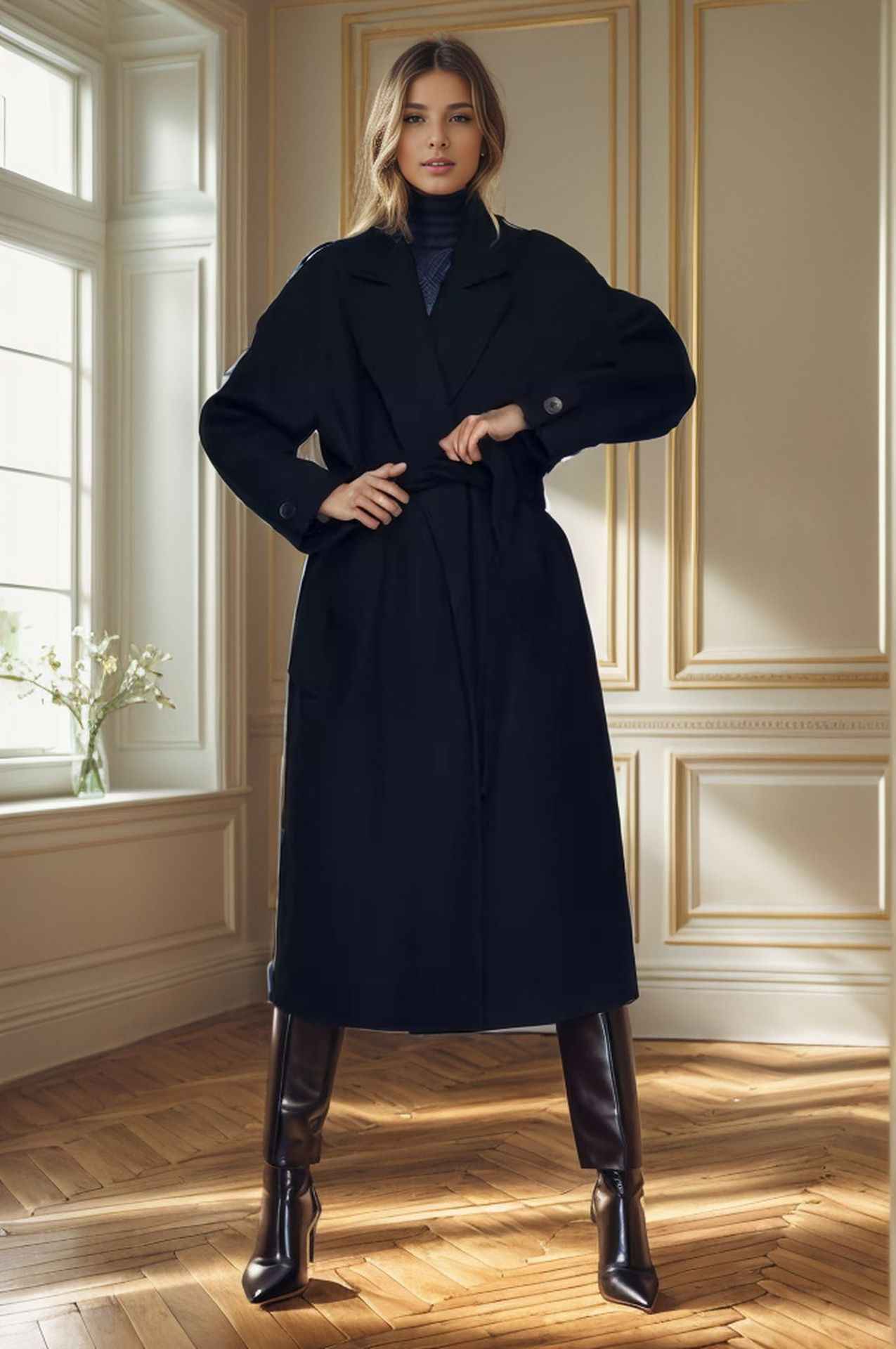 Padded Lapel Super Long Slim Jacket shown front-on on model — Fifi London Autumn collection