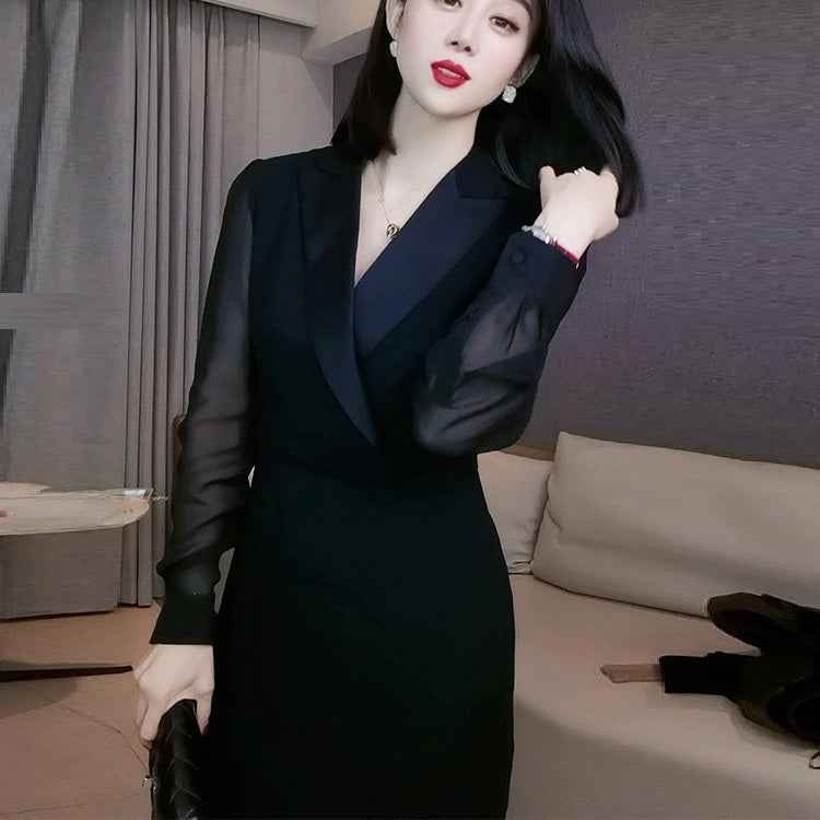 French Style Elegant Lady Hepburn Style Adult Lady-Like Young Black Dress shown front-on on model — Fifi London Autumn collection