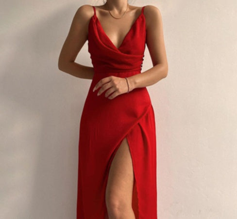 V-Neck Slit Sling Dress shown front-on on model — Fifi London Summer collection
