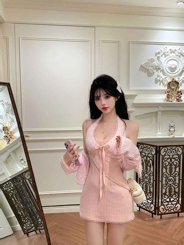 Women’s Slim Fit Slimming Dress Cardigan shown front-on on model — Fifi London Autumn collection