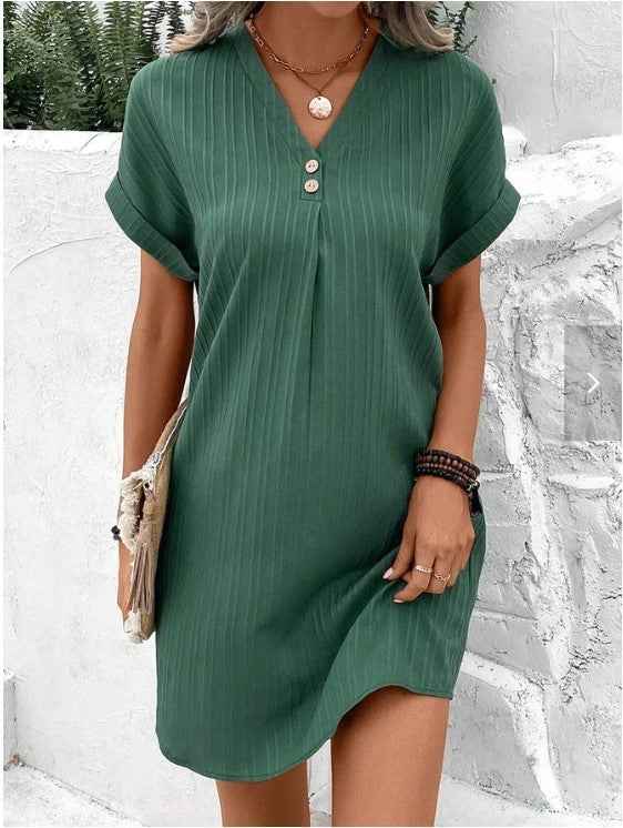 Women's V-Neck Short Sleeve Casual Dress shown front-on on model with button detail — green vertical stripe mini dress, Fifi London collection