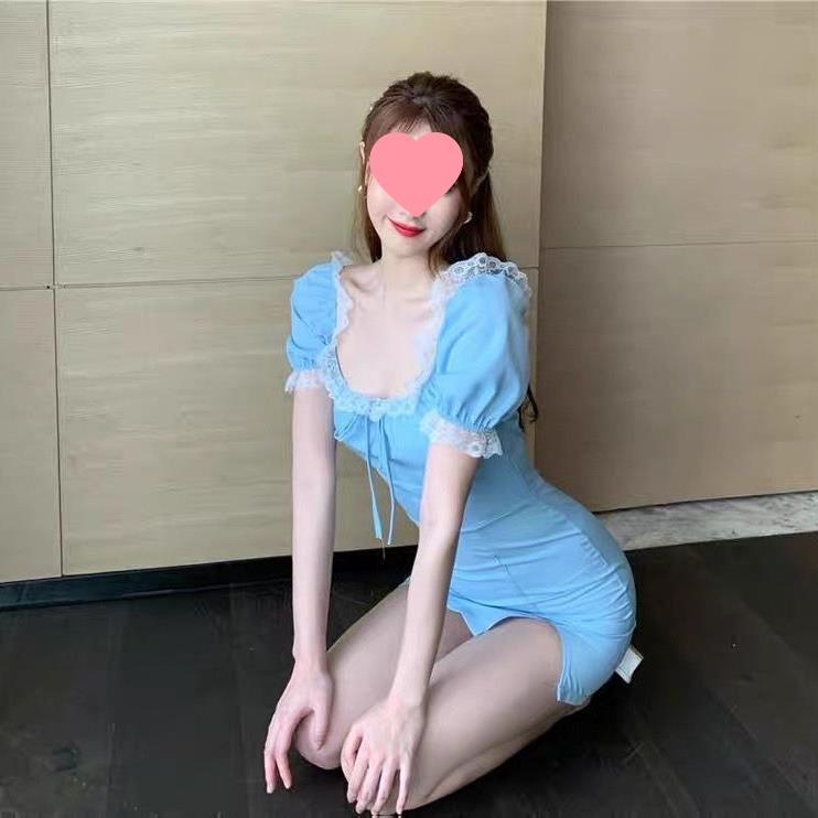 French Minority Blue Dress Women shown front-on on model — Fifi London Summer collection