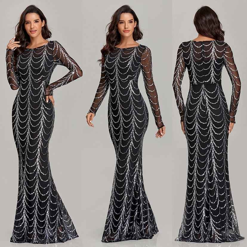 Women’s Long Sleeve Sequin Party Dress shown front-on on model — Fifi London Winter collection